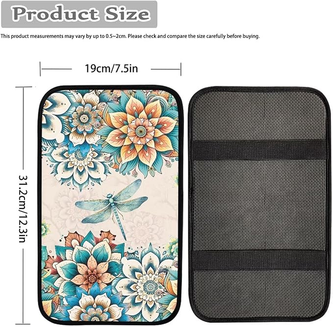 JoyLamoria Boho Dragonfly Flower Vehicle Center Console Cover Armrest Cover Pad Universal Fit Soft Comfort Center Console Armrest Cushion for Car Truck SUV