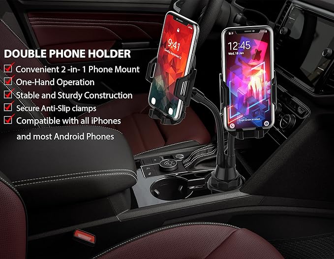 Dual Phone Holder for Car Cup Holder – Long Flexible Neck, 360° Rotatable Car Phone Mount - Adjustable Cell Cup Holder, Universal Size Fits 2 iPhone, Samsung, GPS and More (Cradle)