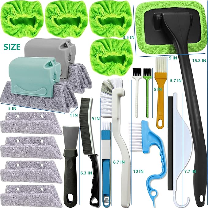 CRAFNEW 20Pcs Window Cleaning Kit, Household Cleaning Tools with Squeegee, Brushes, Microfiber Pads for Window Track, Sliding Door, Glass Door, Bathroom Mirror, Car Windshield