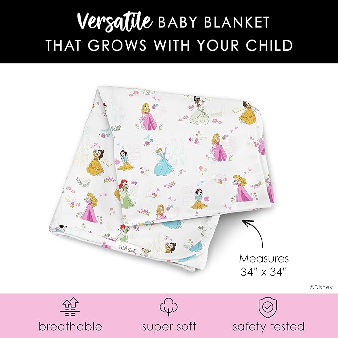 Milk Snob Disney Princess Baby Girl Swaddle Blanket, Soft Receiving, Security Bed and Play Blanket, Toddler and Infant Baby Bedding Registry and Shower Gifts, Newborn Essentials, 35x35
