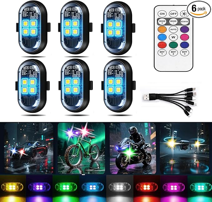 Upgraded 4-lamp high-Brightness 6-Group Wireless LED Warning Strobe Lights |8 Colors, Waterproof Lights with Remote Control| Wireless led Strobe Lights for Cars, Motorcycles, Bicycles and Drones (6)