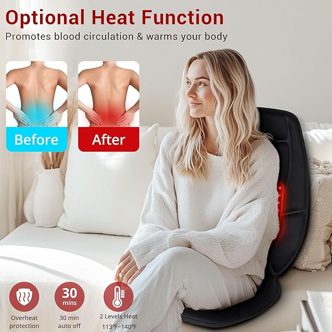 Back Massager for Chair, Vibration Massage Seat Cushion, Heated Seat Cover for Lower Back, Seat Warmer for Pain Relief, Chair Massager for Office, Gift for Men Women