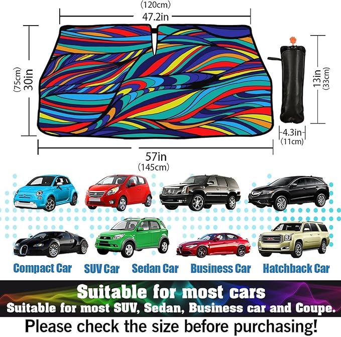 Neon Wave Print Car Sunshade Umbrella Colorful Neon Windshield Sun Shade for Car Retractable Umbrella Sunshades for Front Window Sun Shades Cover Visor Portector Block UV Ray