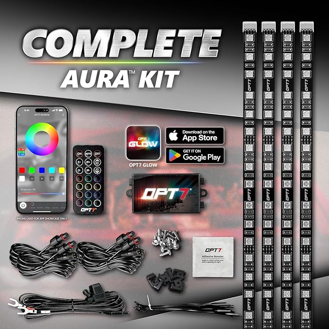 OPT7 Aura Pro Engine Bay Lights w/App & Remote Control, 4PCS 12” Waterproof Under Hood LED Light Strip, Exterior Car Neon Accent Lighting Kit, RGB Multicolor Music Sync Accessories for Cars Vans SUVs