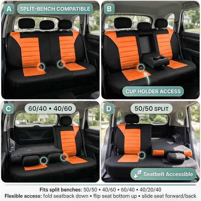 FH Group Automotive Car Seat Covers Rear Set Premium 3D Air Mesh Seat Covers, Airbag Compatible and Split Bench Cover Universal Fit Interior Accessories for Cars Trucks and SUVs - Orange