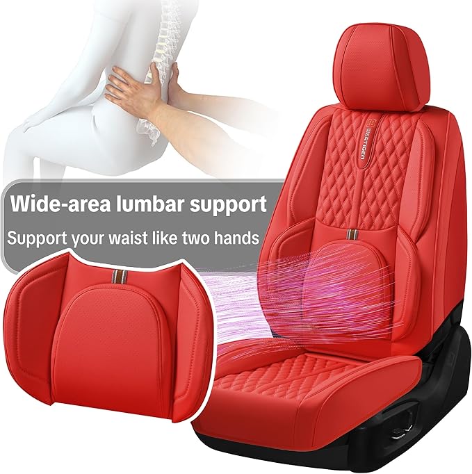 Car Seat Cover Set, Red Seat Covers, Automotive Interior Accessories, with Lumbar Support, Premium Nappa Leather, Waterproof, Protects and Upgrades Your Car Interior, Fits Most Vehicles