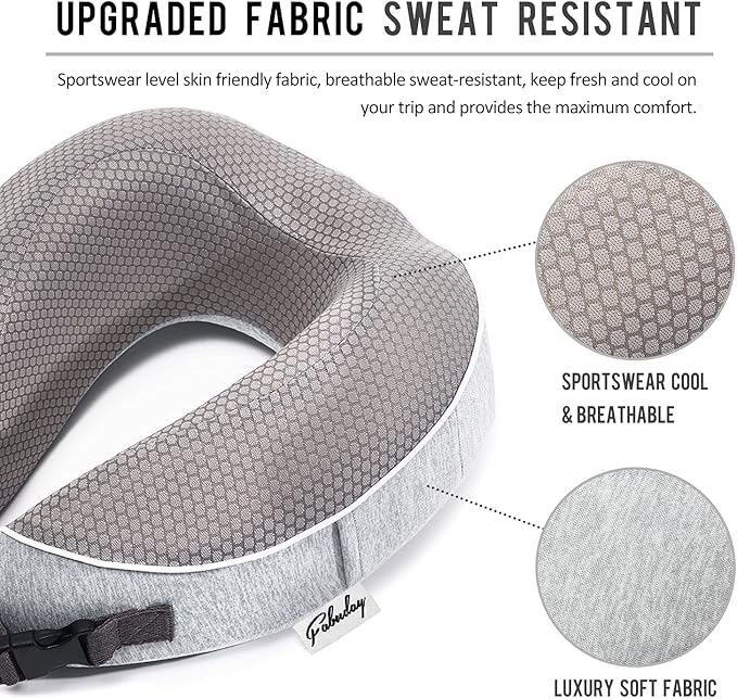 Travel Pillow for Airplane Memory Foam - Neck Support Travel Pillows for Sleeping, Traveling, Car, Home - Adult Flight Pillow Kit with Sleep Mask, Earplugs, Breathable Cover Machine Washable, Gray