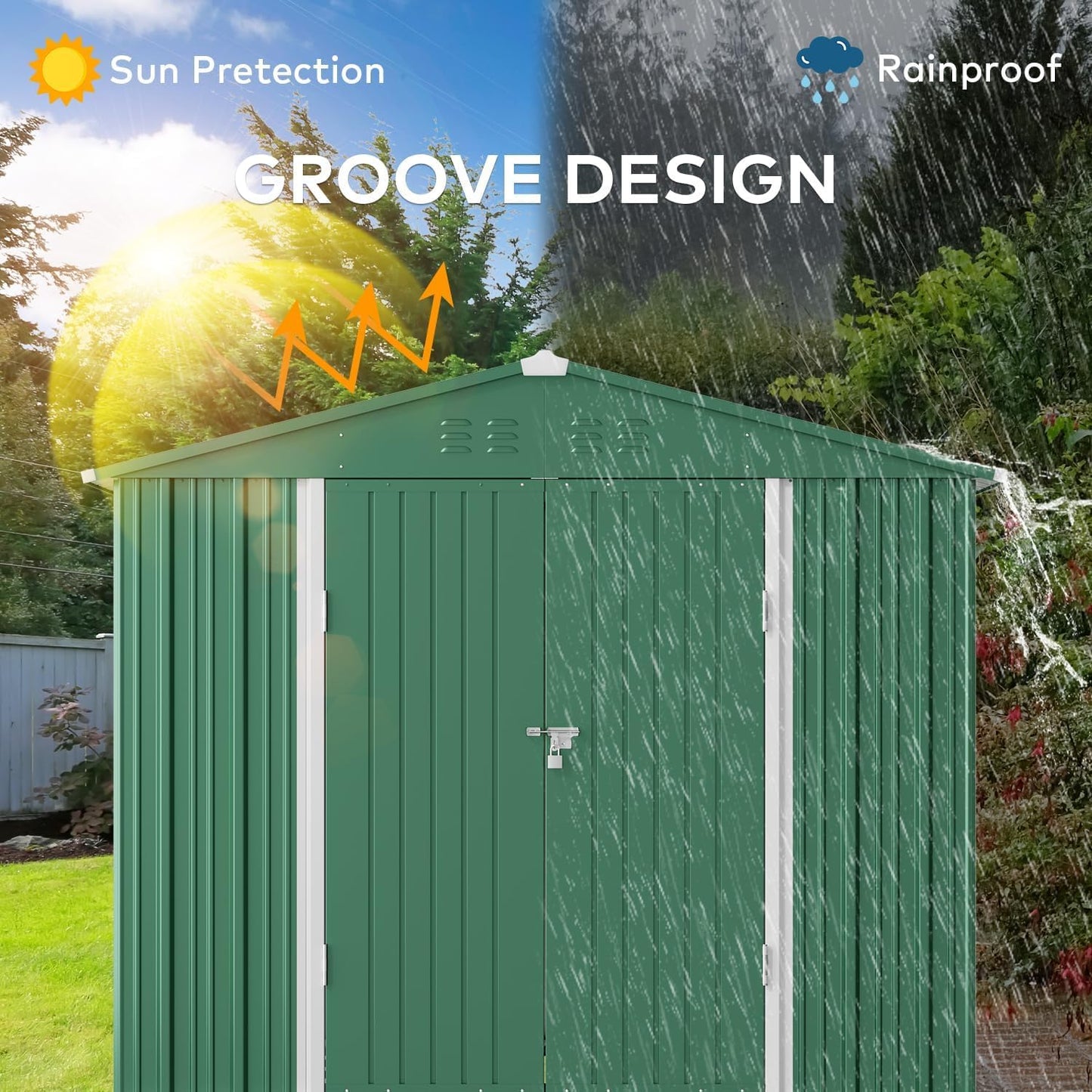 Gizoon Outdoor Storage Shed 8 x 6 FT, Galvanized Metal Garden Shed with Double Lockable Doors, Outdoor Storage Clearance for Backyard Patio Lawn-Green