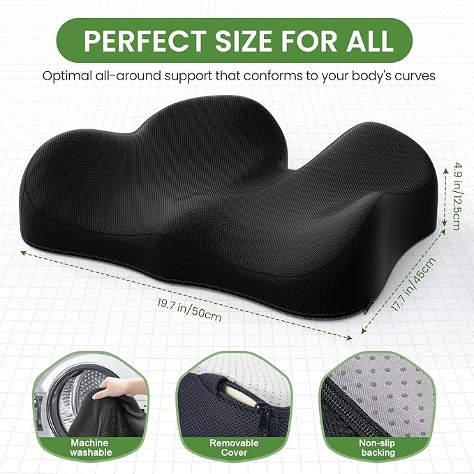 A-Pce Ergonomic Seat Cushion -Large Memory Foam Cushion for Office Chair- Sciatica & Lower Back & Coccyx Pain Relief - Car Seat Cushions for Driving Seat Cushion, Black