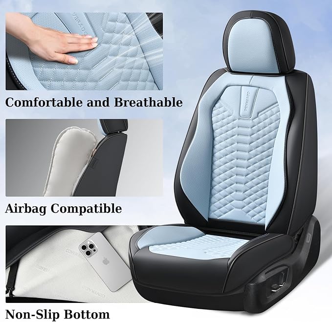 Coverado Seat Covers, Leather Seat Covers for Front Seats, Black and Blue Car Seat Covers, Waterproof Car Seat Protectors, Auto Seat Cushion, Front Driver Seat Cover Universal Fit Most Cars SUV
