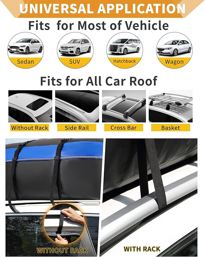 MCBD Rooftop Cargo Carrier Bag, 15 Cubic Feet Waterproof Soft-Shell Car Roof Bag for All Vehicles SUV with/Without Rack, Car Top Luggage Storage Bag