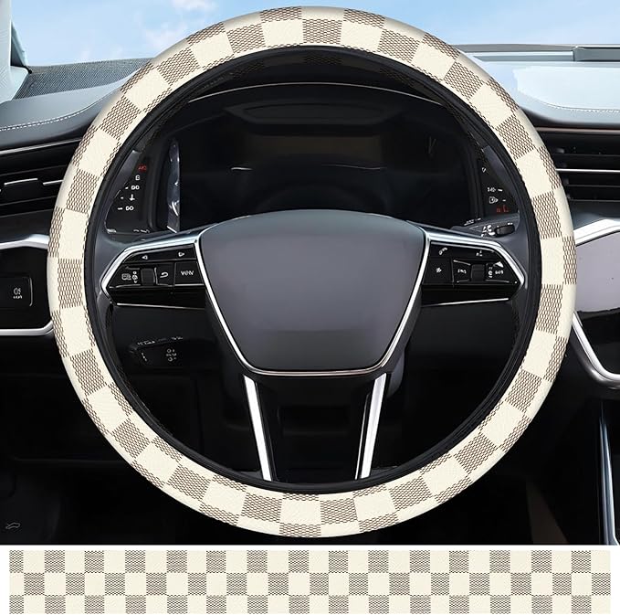 Elastic Car Steering Wheel Cover, Universal 15 inch Non-Slip Breathable Neoprene Steering Wheel Protector, Car Accessories for Women Men Fit Auto, Suvs, Truck Beige Checkerboard
