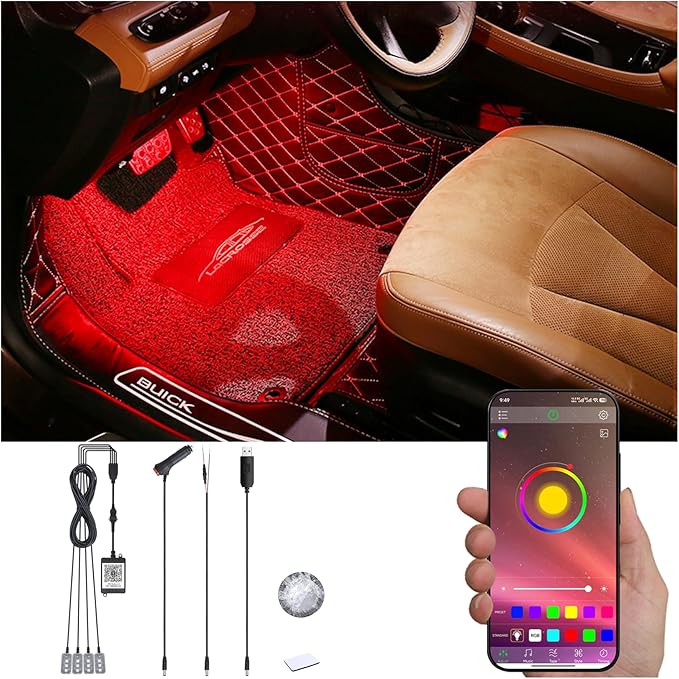 Car Ambient Lighting Kit 64 Colors Multicoloured Music Footwell Lighting APP Control Car DIY Decorative Atmosphere Lighting DC 12V 1W