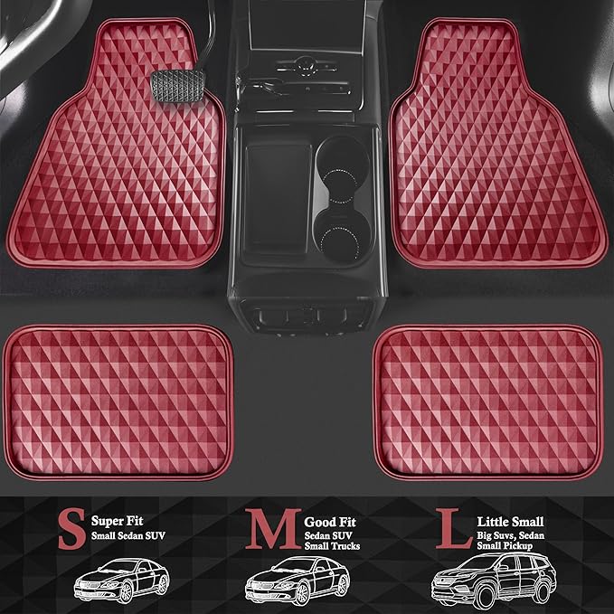 CAR PASS Deep Dish Rubber Car Floor Mats All Weather Protection - Heavy Duty Waterproof Auto Floor Mats Universal Fit for Sedan SUV Truck - Anti-Slip 3D Rhombus, 4 Pieces (Burgundy)