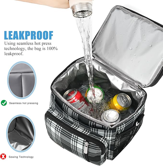 MIYCOO Lunch Bag & Lunch Box for Women Men, Double Deck Leakproof Insulated Soft Large Adult Camping Cooler bag for Work, Beach, Picnic, Travel (Checkered Black and White, 15L)