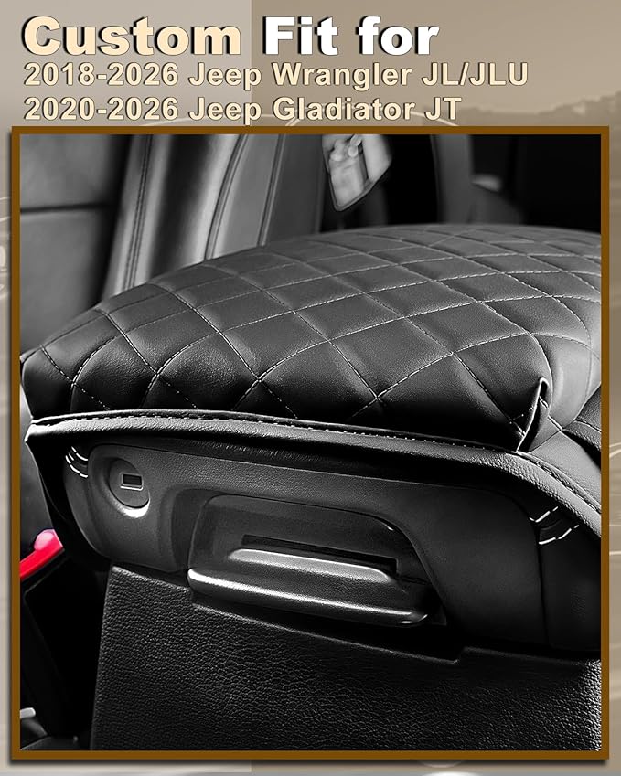 Armrest Cover for Jeep Wrangler JL Center Console Pad with Organizer Storage Pockets, Black Faux Leather Arm Rest Lid Cushion Accessories (2018-2026 Wrangler JL/Gladiator JT)