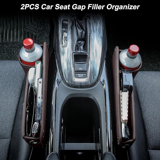 Car Seat Gap Filler Organizer with Cup Holder, Universal Fit Soft Leather Car Box Storage, Automotive Car Accessories Necessities for Phones Keys Sunglasses Cards (1 Pack brown)