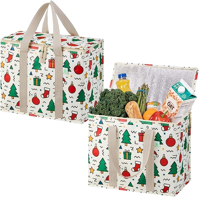 VENO 2 Pack Cooler Bag, Insulated Grocery Bags for Food Delivery, Collapsible Cooler, Reusable Shopping Bags for Groceries, Hard Bottom, Water Resistant, Zippered, Foldable (Jingle Mix, 2 Pack)