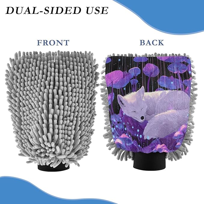 Emelivor Sleeping Fox Mushroom Fall Violet Car Wash Mitt Microfiber Cleaning Gloves Scrub Mitts Brush Scratch Free for Home Car Wash Kit 2-Pack