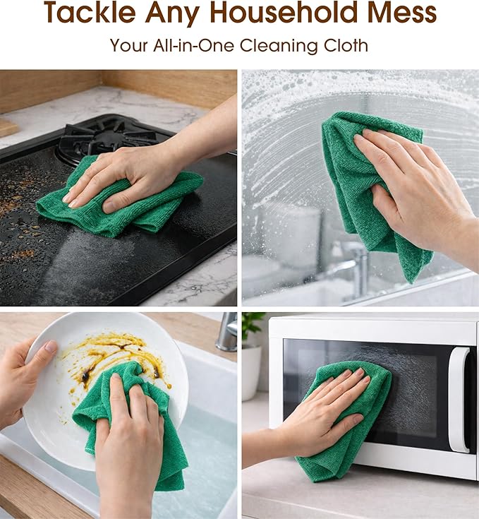 KitchLife Microfiber Cleaning Cloth Roll, 100 Pack - Tear-Away Microfiber Paper Towels, Lint-Free, Reusable, Washable for Kitchen, Car, Dishes, and Sensitive Surfaces (Forest Green)