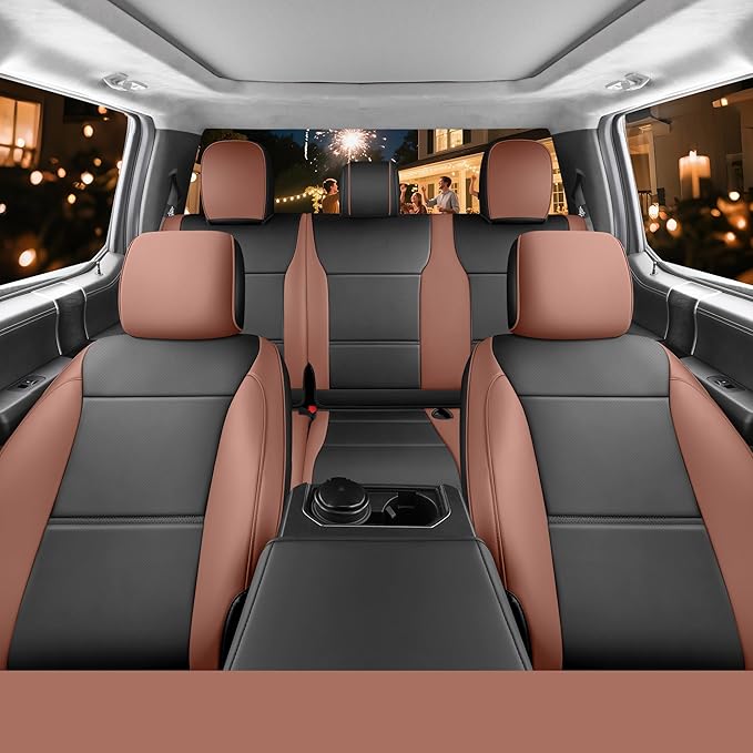 Red Rain F150 Leather Car Seat Covers Custom Fit for Ford F150 SuperCrew/CrewCab 2015-2025 XL XLT STX Pickup Truck Black and Brown Auto Seat Protector 5 Seater (F150-Black+Brown)
