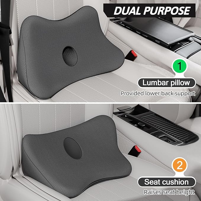 Benazcap Lumbar Support Pillow for Car, Lower Back Support Pillow for Sciatica & Back Pain Relief, 2 in 1 Memory Foam Seat Cushion for Office Chair, Car Seat -Gray