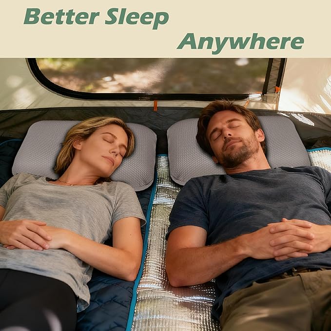 Cooling Camping Pillow, Memory Foam Travel Pillow with Adjustable Buckle Strap & Storage Bag, Compact Small Pillow for Airplane, Car Lumbar, Office, Washable Cooling Cover, Dusk Grey