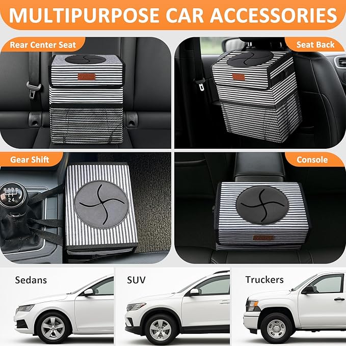 Vankor 3 Gallons Car Trash Can with Lid, Car Trash Bag Bin Hanging Waterproof Automotive Garbage Cans Leak Proof Vehicle Trash Can Stripe