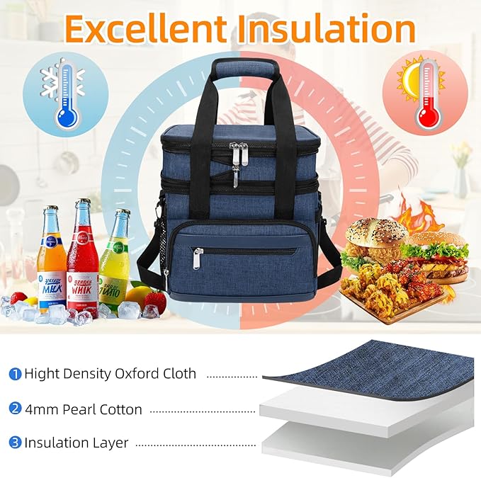 Insulated Lunch Box for Men & Women - Double Layer Leakproof Lunch Bag with Adjustable Shoulder Strap, Expandable Food Cooler for Work, Office, Travel, Camping (Dark Blue)