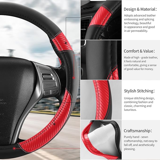 Non-Slip Car Nappa Leather Steering Wheel Cover,Universal Car Accessories Women Men Fit 14" 1/2-15" Suvs/Vans/Sedans/Cars/Trucks,Red
