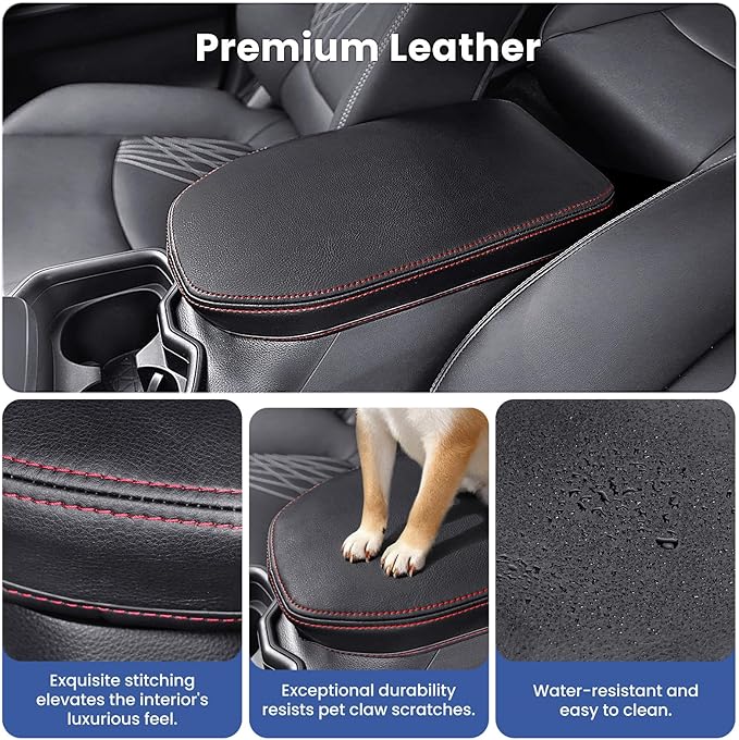 Center Console Cover for Toyota RAV4 2019-2025, Upgraded PU Leather Armrest Cover for RAV4 Adventure/Hybrid/XLE/LE/Limited/TRD Off-Road/Premium/XLE Premium (Red Stitching)