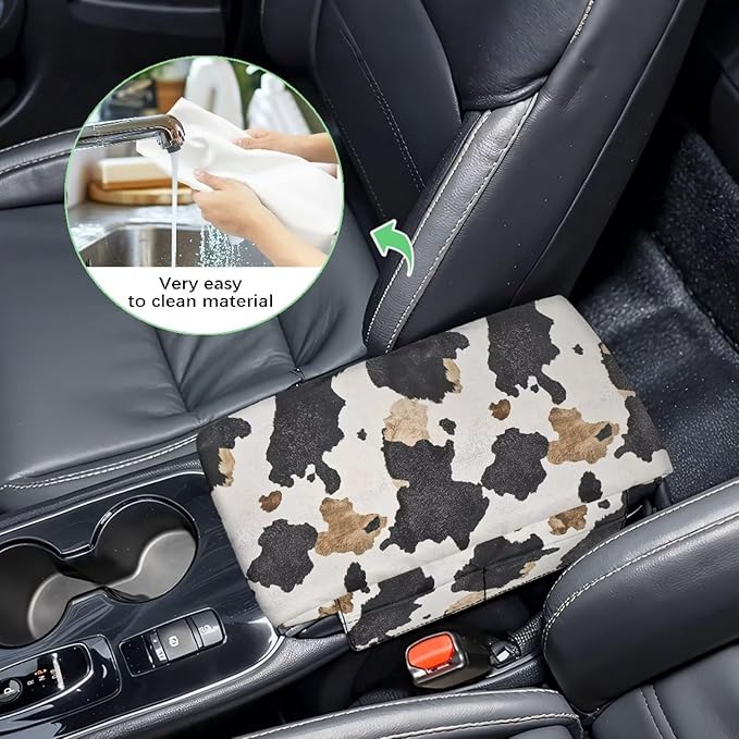 Tupalatus Cow Print Car Center Console Cover with 2 Storage Bags Auto Armrest Cover Protector Washable Car Accessories Decor Water-Resistant Universal Fit for SUV Truck Sedan Van