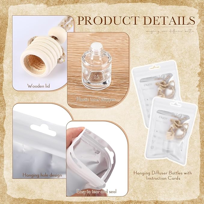 Boao 100 Sets Hanging Car Air Freshener Diffuser Bottles with Instruction Card and 4 x 6'' Resealable Holographic Bag for Empty Car Essential Oil Perfume Bottles Packaging (Cylinder)