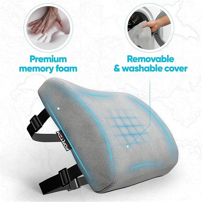 FORTEM Lumbar Support Pillow for Office Chair, Lumbar Support Pillow for Car, Back Rest for Gaming, Memory Foam Pillow, Desk Chair Cushion, Breathable & Washable Cover, Adjustable Straps