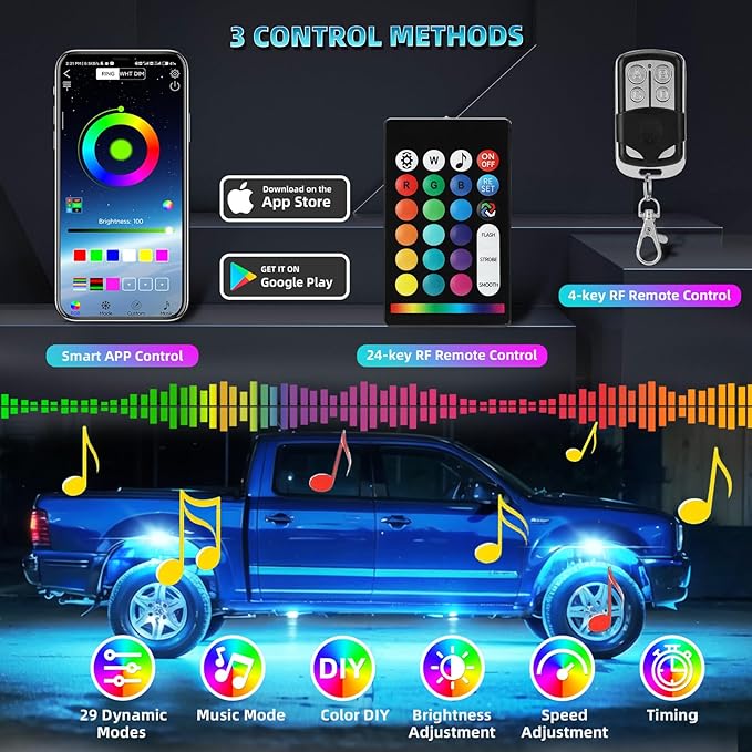 12 Pods RGB LED Rock Lights for Trucks Pickup Offroad Golf Cart SUV UTV, 6500K Super Bright, IP68 Waterproof, Segmented Color Change APP Control Underglow Kit with Power Swith Extension Wires, 12V