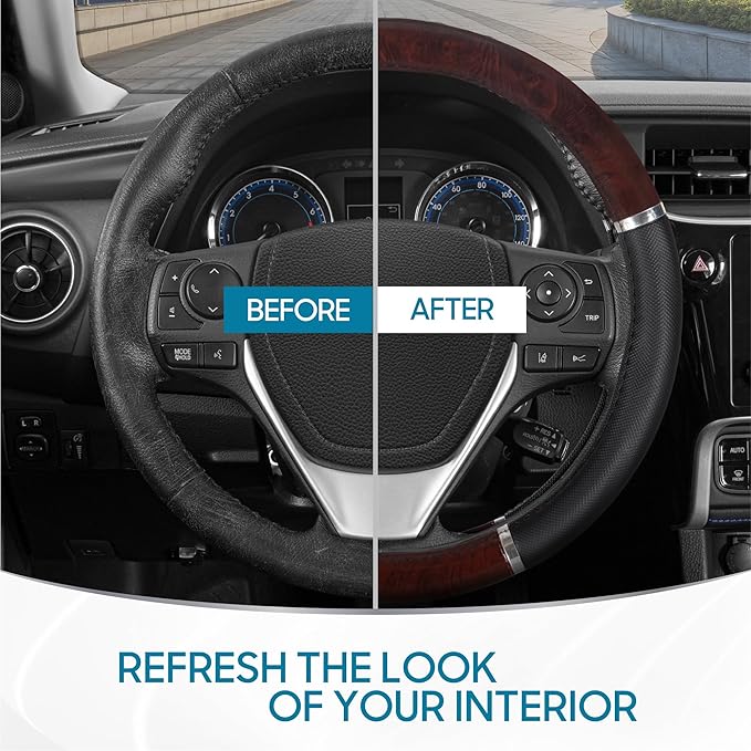 BDK Dark Wood Grain Car Steering Wheel Cover, Standard 15 inch with Black Faux Leather Grip, Made to Fit Most Auto Truck Van SUV