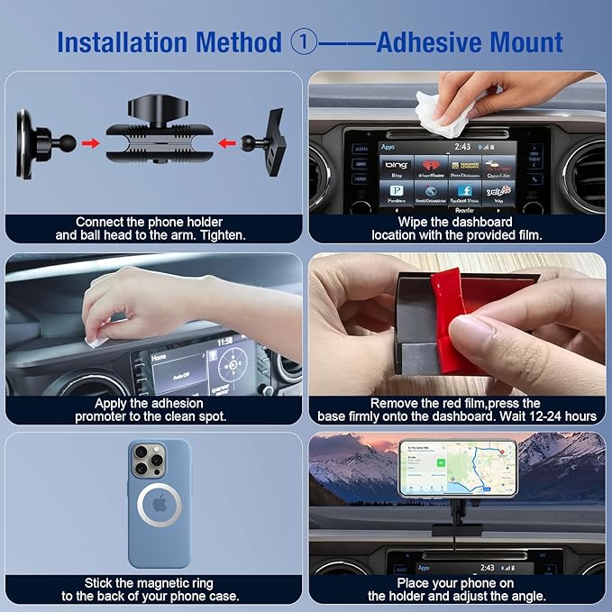 Car Charger Phone Mount for Toyota Tacoma 2016-2023, 3rd Gen Tacoma Dashboard Clip Cell Phone Cradles 360° Adjustable 20x Strong Magnet Phone Stand Cellphone Holder Fit for All Smartphones