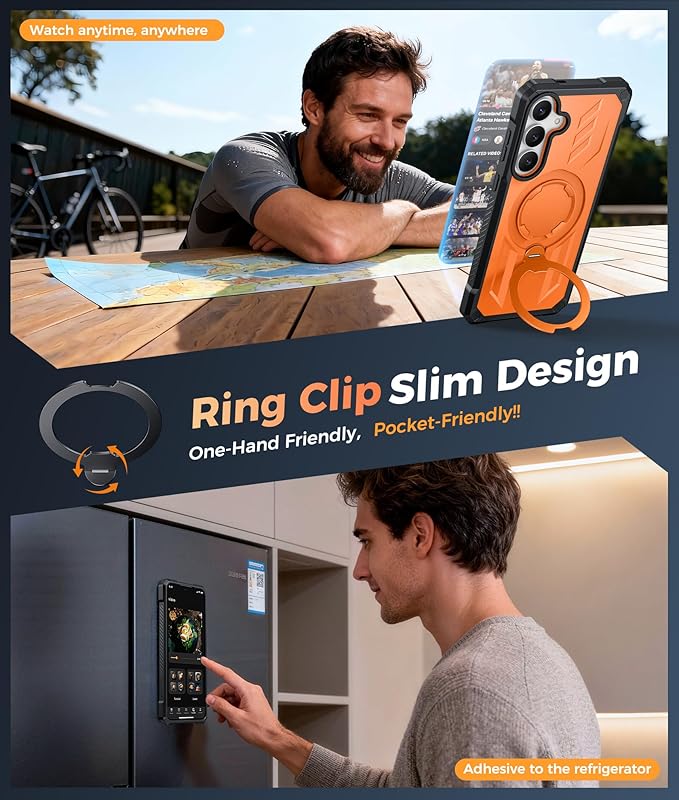 FNTCASE for Samsung Galaxy S25-FE Case: with [Magnetic Ring Kickstand] [Screen Protector] [Compatible with MagSafe] [Military-Grade Drop Protection] Heavy Duty Full Body Protective Phone Cover Orange