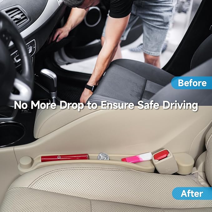 Givifive Car Seat Gap Filler Set of 2, 3IN1 Seat Side Gap Filler Plug with Storage Slot & Hook Function, Soft Foam Universal Fit Car SUV Truck Fill Gap Between Seats Console Organizer（Narrow Beige）