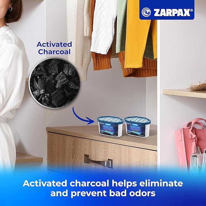 ZARPAX Moisture Absorber Activated Charcoal 6.5 oz/185g | Removes Moisture, Damp, Humidity & Odors | Odor Absorber | Moisture Trap for Bathroom, Closet, Kitchen & Small Spaces | Set of 6