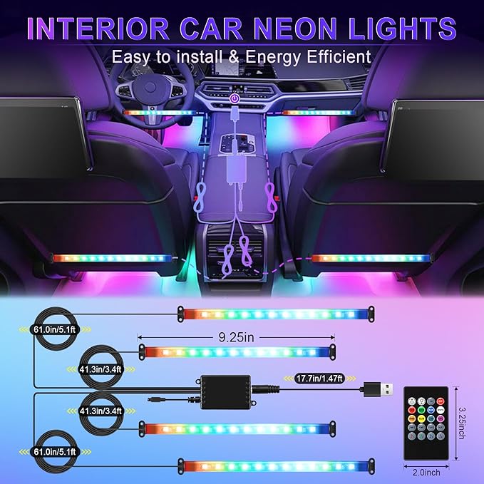 LivTee Interior Car LED Lights, Smart RGB Ambient Lighting with App & Remote Control, Music Sync & DIY Modes, 4-Line Separate Design LED Strip Lights, USB Powered, Car Accessories for Women