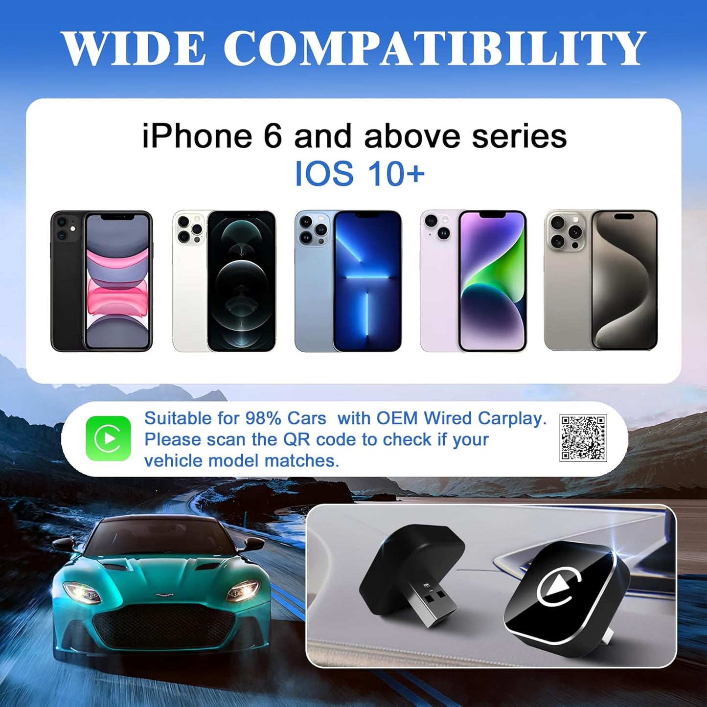 Wireless CarPlay Adapter for iPhone, 2025 Upgraded Wired to Wireless for Apple CarPlay, Mini USB Design Car Play Adapter with Type-C Extension, Plug and Play, Stable Connection & No Latency