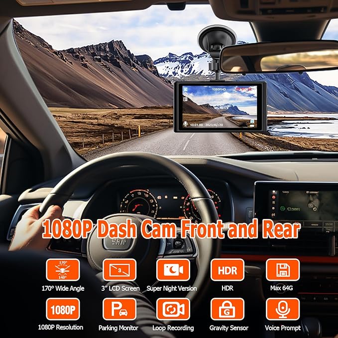 1080P Dash Cam Front and Rear with 32GB SD Card, Diamond Lark Dual Dash Camera for Cars, 3” LCD Screen Dashcam with Type-C Port, HDR, G-Sensor, Loop Recording, Parking Monitor, Night Vision