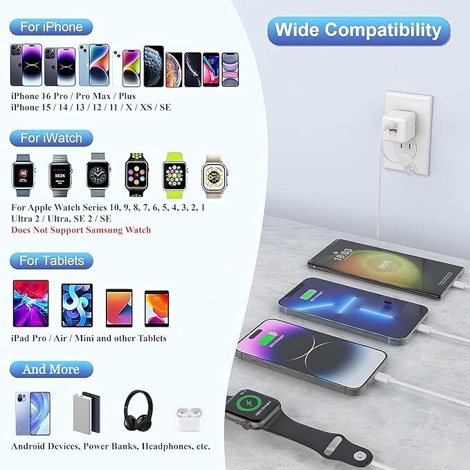 TOP-UP Apple Watch Charger USB C with 30W PD Fast Wall Plug – 4 in 2 Magnetic Charging Cable for iWatch Series 11–1/SE/Ultra, iPhone 17/16/15/14, iPad, Multi Charging Cord for Travel 6FT