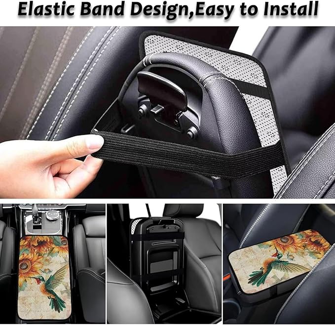 Sunflower Hummingbird Middle Console Covers Non-Slip Flannel Armrest Cover for Car Easy Install Arm Rest Lid Protector Cushion Fit for Cars Truck SUV or Vans