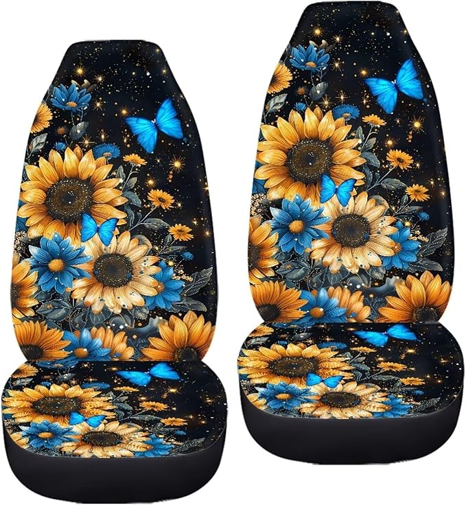 BIGCARJOB Sunflower Car Accessories Sets 2 Pcs Auto Front Seat Protector Butterfly Print Car Seat Cover Sets for Womens Girly Cute Car Interior Seat Cushion Pads