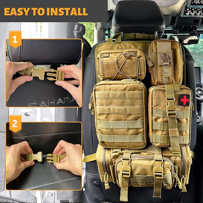 Universal Tactical Seat Back Organizer Vehicle Molle Panel Organizer Storage Bag with 5 Detachable Molle Pouch, Khaki