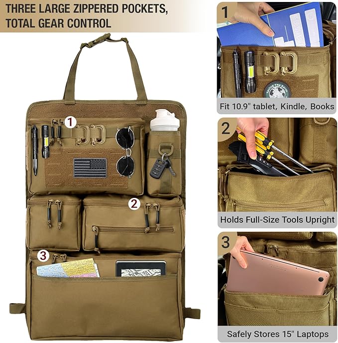 Tactical Seat Back Organizer Heavy Duty MOLLE Panel Organizer with Multiple Pockets & Hook Loop Panel for EDC Gear, Road Trip Essentials, Universal Fit for Car SUV Truck Jeep (Mud)