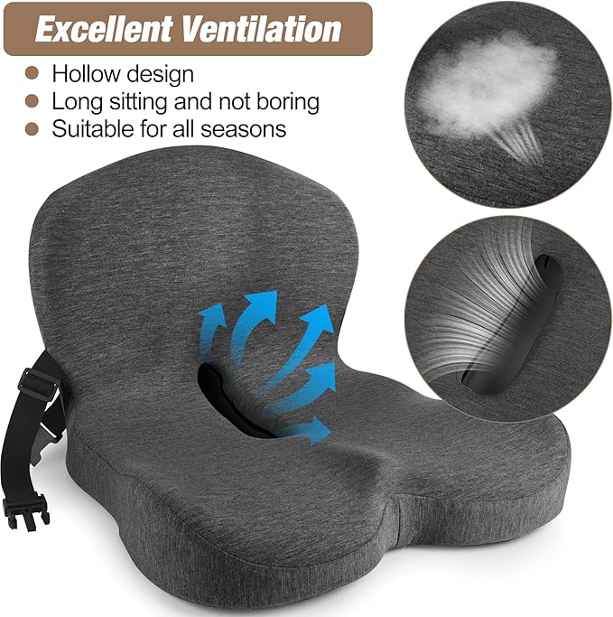MYFAMIREA Truck Seat Cushion, Memory Foam Trucker Seat Cushion for Truck Driver Long Sitting with Adjustable Strap, Back Support and Pain Relief for Trucker Driving Office Chair and Pain, Dark Gray