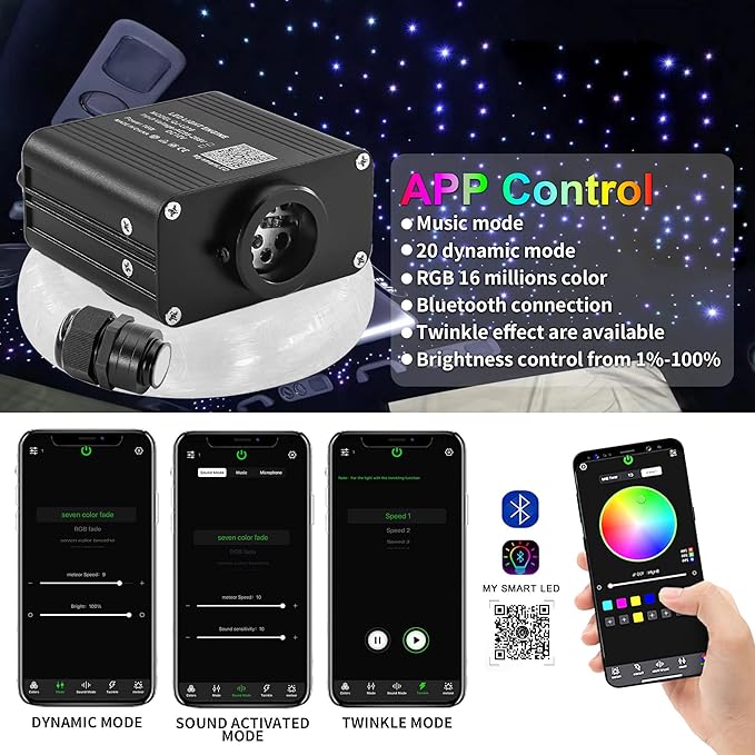 ATOKEE 16W Starlight Headliner Kit Mixed 450pcs 13.1ft, Twinkle Compact Size Fiber Optic Star Lights for Car Interior Roof with APP/Remote Control